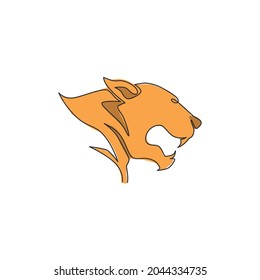 One single line drawing of wild leopard head for company business logo identity. Strong jaguar mammal animal mascot concept for national conservation park. Continuous line draw design illustration