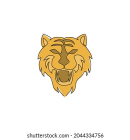 One single line drawing of wild Sumatra tiger head for business logo identity. Strong Bengal big cat animal mascot concept for national conservation park. Continuous line draw design illustration