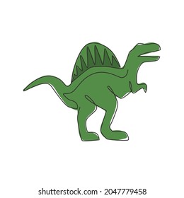 One single line drawing of wild spinosaurus for logo identity. Dino animal mascot concept for prehistoric theme park icon. Dynamic continuous line draw design graphic vector illustration