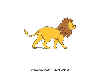 One single line drawing of wild male lion vector illustration. Protected species national park conservation. Safari zoo concept. Modern continuous line draw graphic design