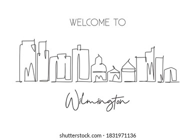 One single line drawing Wilmington city skyline, Delaware. World historical town landscape postcard. Best holiday destination. Editable stroke trendy continuous line draw design vector illustration
