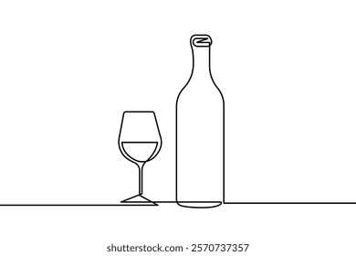 One Single Line Drawing of Wine Bottle and Wine Glass. Drinking Concept Vector Graphic Linear Illustration. Modern Continuous Line Drawing for Modern Design. Not AI