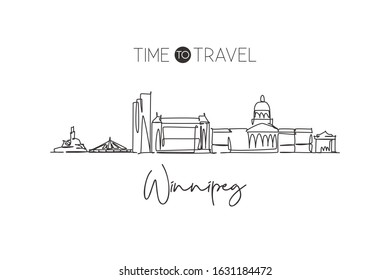 One single line drawing Winnipeg city skyline, Canada. World historical town landscape. Best place holiday destination postcard. Editable stroke trendy continuous line draw design vector illustration