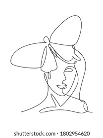 One single line drawing woman with butterfly line art vector illustration. Female abstract face butterfly wings portrait minimalistic fashion style concept. Modern continuous line graphic draw design