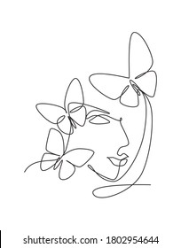 One single line drawing woman with butterfly line art vector illustration. Female abstract face butterfly botany portrait minimalistic print style concept. Modern continuous line draw graphic design