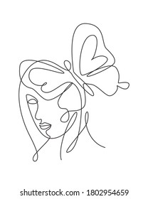 One single line drawing woman with butterfly line art vector illustration. Female abstract face butterfly botany portrait minimalistic print style concept. Modern continuous line draw graphic design