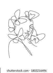 One single line drawing woman with butterfly line art vector illustration. Female abstract face butterfly wings portrait minimalistic fashion style concept. Modern continuous line graphic draw design