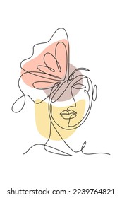 One single line drawing woman with butterfly line art vector illustration. Female abstract face butterfly wings portrait minimalistic fashion style concept. Modern continuous line graphic draw design