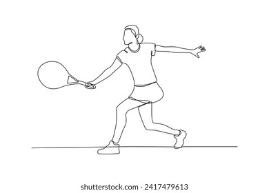 One single line drawing of woman is playing with a tennis ball. Sport training concept. Modern continuous line draw design for sport tournament banner and poster