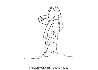One single line drawing of woman take a photo with best pose. outfit minimalist concept. Fashion for daily activity concept.
