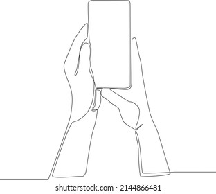 One single line drawing woman's hands holding smart phone with blank screen. continuous line draw design vector illustration.