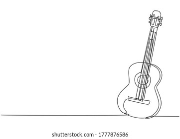 One single line drawing of wooden acoustic guitar. Trendy stringed music instruments concept continuous line graphic draw design vector illustration