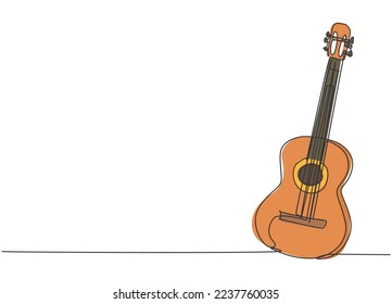 One single line drawing of wooden acoustic guitar. Trendy stringed music instruments concept continuous line graphic draw design vector illustration
