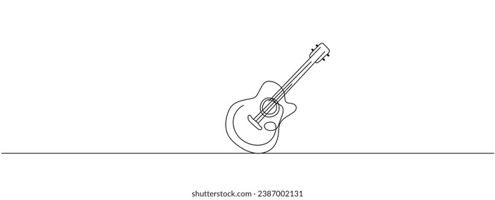 One single line drawing of wooden classic acoustic guitar. Modern stringed music instruments concept continuous line draw design vector illustration graphic