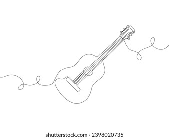 Un dibujo de una sola línea de una guitarra acústica clásica de madera. Instrumentos de música de cadena moderna concepto diseño de tracción continua de línea ilustración vectorial gráfico
