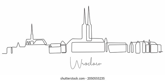 One single line drawing Wroclaw city Poland skyline  Historical town landscape in the world  Best holiday destination  Editable stroke trendy continuous line draw design vector illustration