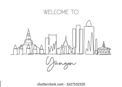 One single line drawing of Yangon city skyline, Myanmar. Historical town landscape in the world. Best holiday destination poster. Editable stroke trendy continuous line draw design vector illustration