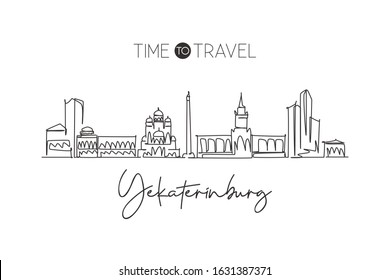 One single line drawing Yekaterinburg city skyline, Russia. World town landscape home wall decor poster print. Best place holiday destination. Trendy continuous line draw design vector illustration