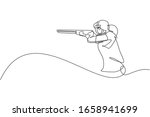 One single line drawing young woman practicing to shot target in range on shooting training ground vector graphic illustration. Clay pigeon shooting sport concept. Modern continuous line draw design