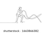 One single line drawing of young energetic woman exercise with battle rope in gym fitness center vector illustration graphic. Healthy lifestyle sport concept. Modern continuous line draw design