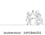 One single line drawing of young mother giving high five to her son for a success achievement, parenting vector illustration. Happy family playing together concept. Modern continuous line draw design