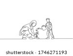 One single line drawing of young Islamic mother and her son planting a plant at house backyard vector illustration. Happy Arabian muslim family parenting concept. Modern continuous line draw design
