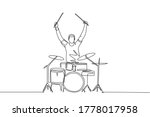 One single line drawing of young happy male drummer raise drumstick up while play drum set on music concert stage. Musician artist performance concept continuous line draw design vector illustration