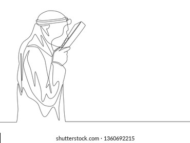One single line drawing of young muslim person kissing Quran in shmag traditional Arab cloth. Islamic holy day Eid Mubarak greeting card concept continuous line draw design vector illustration