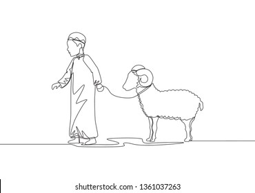 One single line drawing of young muslim boy holding sheep to masjid. Muslim holiday the sacrifice a goat or sheep, Eid al Adha greeting card concept continuous line draw design illustration