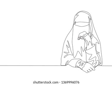 One single line drawing of young happy beauty saudi arabian muslimah wearing burqa and sitting on chair. Traditional Arabian woman niqab cloth concept continuous line draw design vector illustration