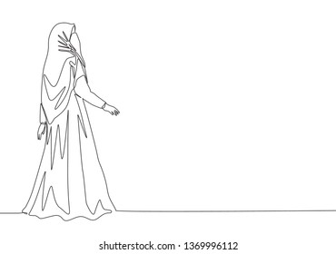 One single line drawing of young beauty saudi arabian muslimah wearing burqa and pose nicely. Traditional beautiful Arabian woman niqab cloth concept continuous line draw design vector illustration