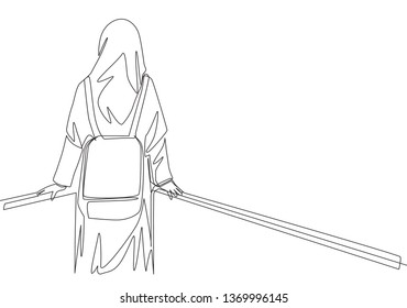 One single line drawing of young beauty middle east muslimah wearing burqa and carrying bag, back view. Traditional Arabian woman niqab cloth concept continuous line draw design vector illustration