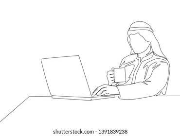 One single line drawing of young male muslim business manager reading annual report on laptop screen while drink a mug of coffee. Islamic clothing shemag, kandura, scarf. Continuous line draw design