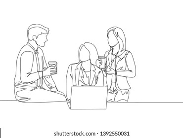One single line drawing of young male and female human resource managers discussing about recruiting new team member workers. Continuous line draw design vector graphic illustration