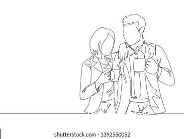 One single line drawing of young male and female office workers pose together while holding a cup of coffee. Work office life concept. Continuous line draw graphic design vector illustration