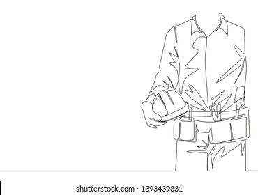 One single line drawing of young construction foreman wearing tools belt and holding helmet. Repairman construction maintenance service concept. Continuous line draw design illustration