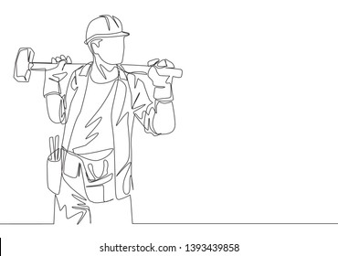 One single line drawing of young construction builder wearing uniform, tools belt and helmet while holding hammer. Craftsman home repair service concept. Continuous line draw design illustration