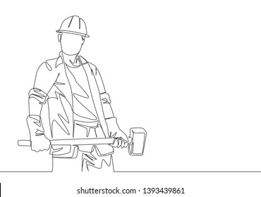 One single line drawing of young construction builder wearing uniform, tools belt and helmet while holding hammer. Craftsman home repair service concept. Continuous line draw design illustration