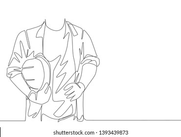 One single line drawing of young handyman wearing uniform while holding helmet. Workman building maintenance service concept. Continuous line draw design illustration