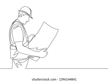 One single line drawing of young handsome architect holding building sketch design blueprint paper. House maintenance service concept continuous line draw design illustration