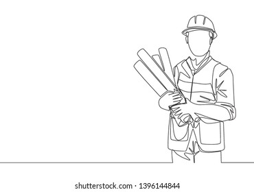 One single line drawing of young handsome architect holding sketch blueprint roll papers. Building construction service concept continuous line draw design illustration