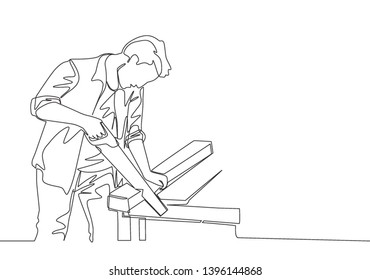 One single line drawing of young handsome craftsman cutting wooden board using handsaw. House maintenance service concept continuous line draw design illustration