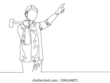 One single line drawing of young attractive handyman holding a hammer and pointing finger to the sky. Home renovation service concept continuous line draw design illustration