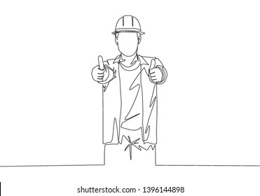 One single line drawing of young handsome handyman giving thumbs up finger gesture. Home renovation service concept continuous line draw design illustration