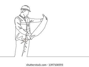 One single line drawing of young architect studying draft construction plan blueprint design. Building architecture business concept. Continuous line draw design illustration