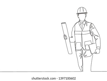 One single line drawing of young architect holding draft blueprint design roll paper and a clipboard. Building architecture business concept. Continuous line draw vector graphic design illustration