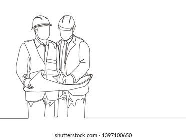 One single line drawing of young manager listening construction concept presentation from architect. Building architecture business concept. Continuous line draw design illustration