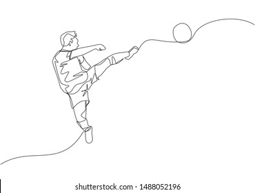 One single line drawing of young happy football player practice kicking the ball while jumping at the field stadium. Soccer match sports concept. Continuous line draw design vector illustration
