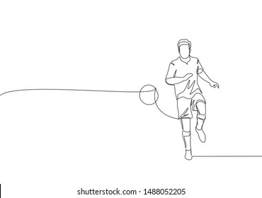 One single line drawing of young happy football player with short sleeve calmly controlling the ball passed to him. Soccer match sports concept. Continuous line draw design vector illustration