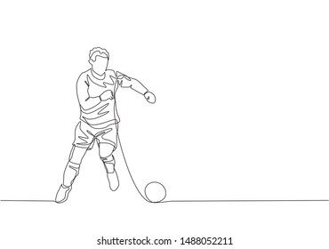 One single line drawing of young football player with long sleeve shirt dribbling the ball at training session. Soccer match sports concept. Continuous line draw design vector illustration